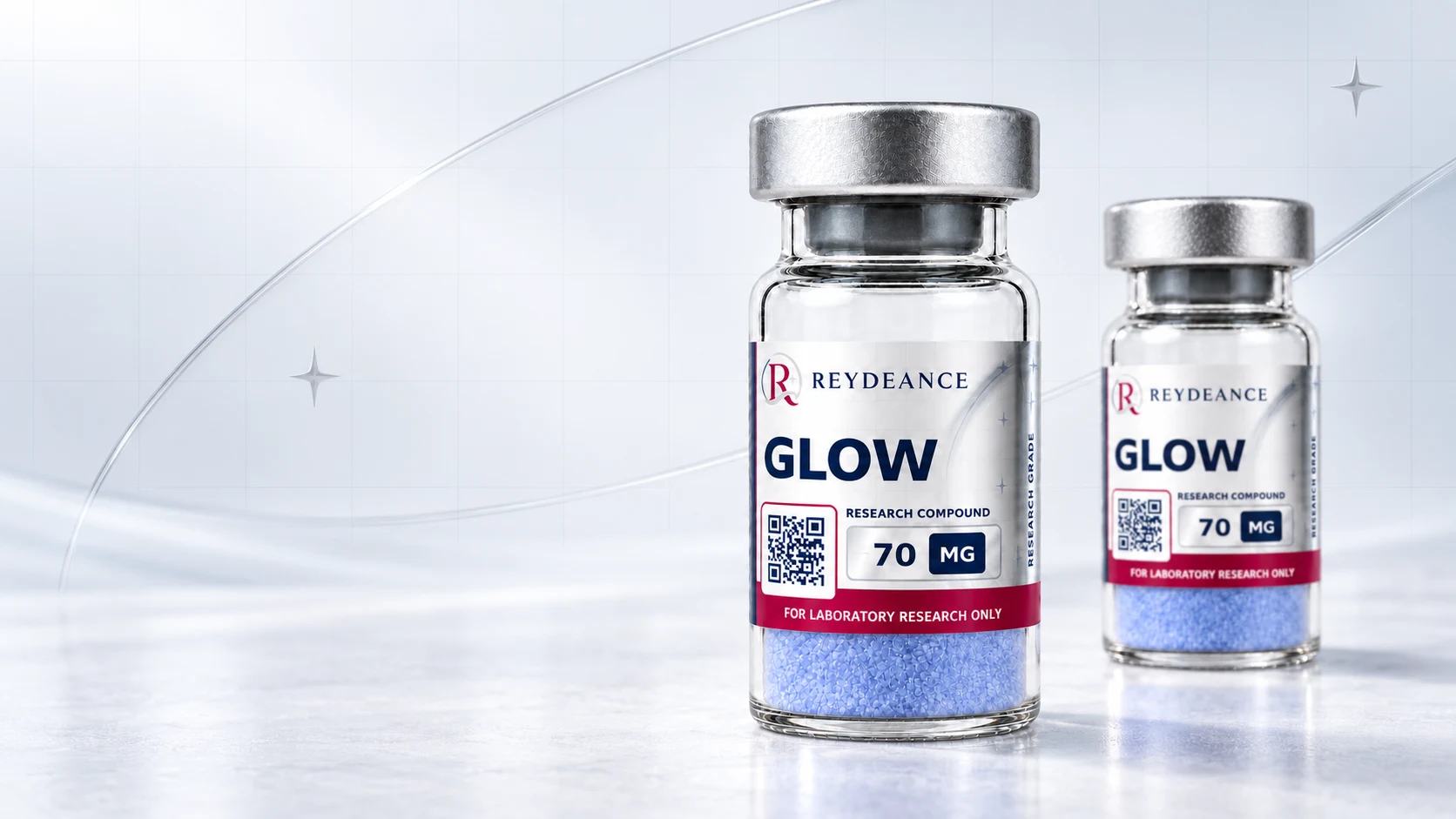 Two Reydeance GLOW 70 mg vials, each labelled for laboratory research only.