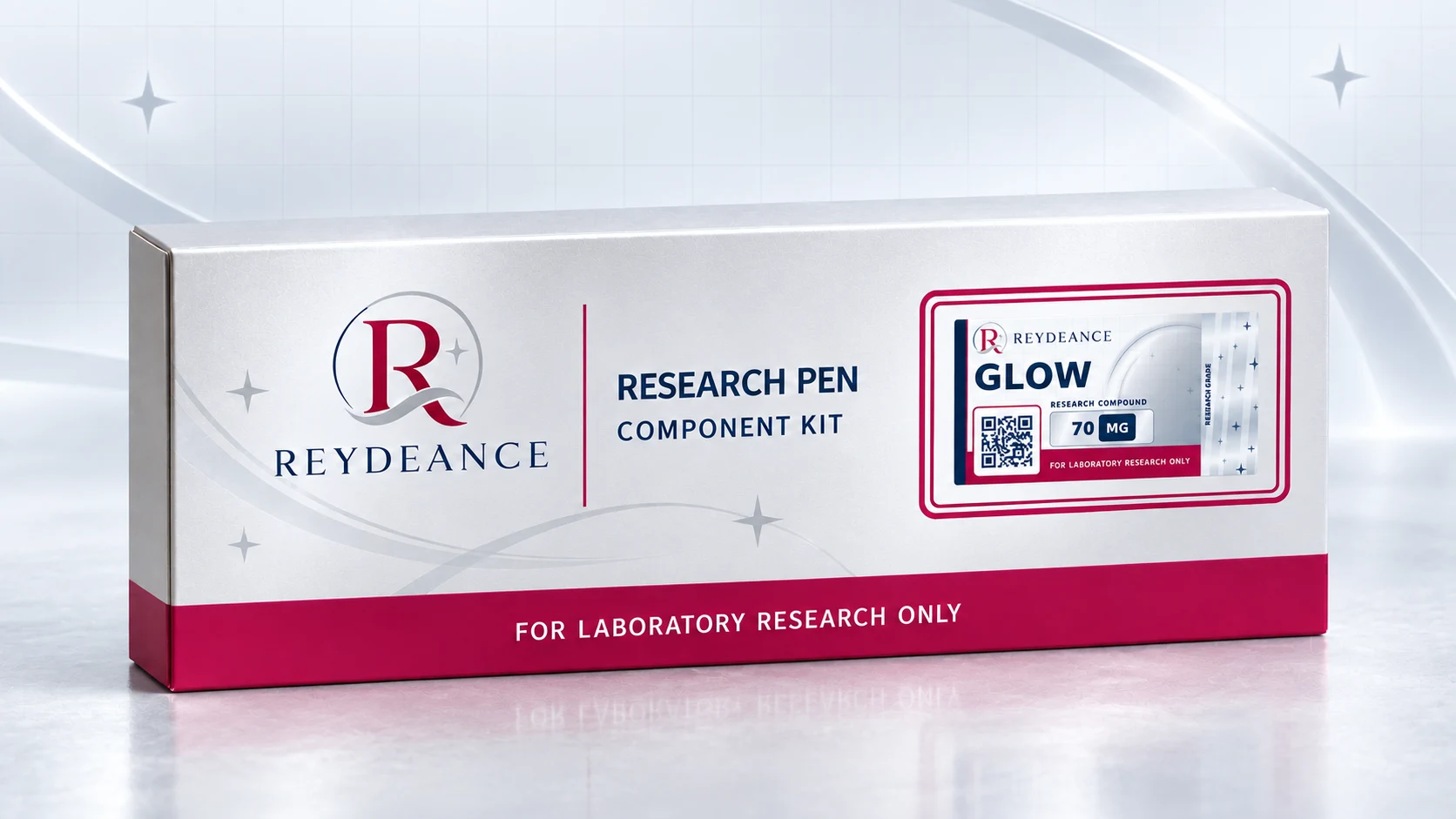 A closed Reydeance research pen component kit carton showing a GLOW 70 mg label panel.