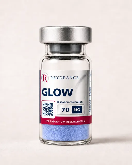GLOW 70mg — labelled lyophilised vial, product photograph